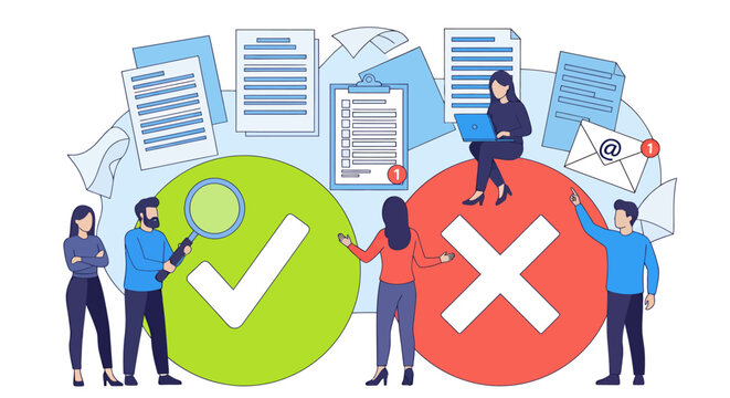 Business teamwork concept showing approval and denial with documents and symbols.