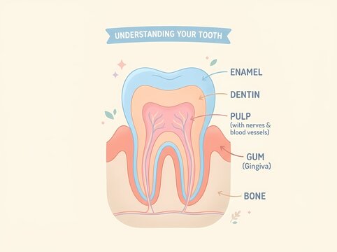 Medical illustration of a human tooth cross-section showing enamel, dentin, pulp, and root structure.