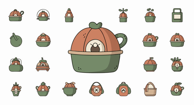 A collection of cartoonish plant-themed icons, mostly round containers with plant motifs