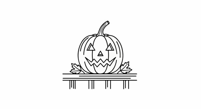 A carved pumpkin with a spooky face and leaves on a picket fence