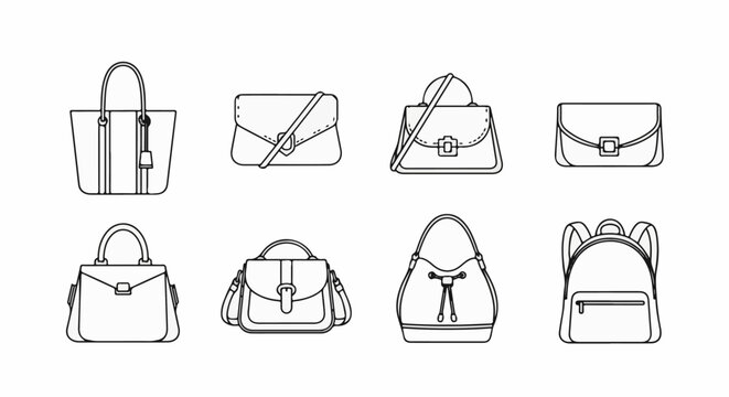 A collection of eight different handbag and backpack outlines