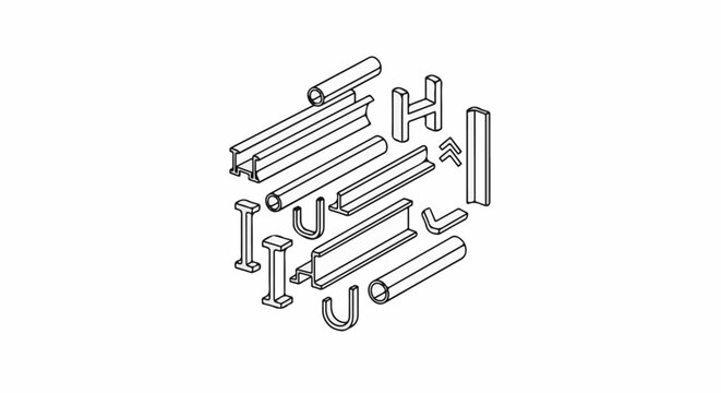 A collection of isometric line drawings of various metal construction beams and tubes