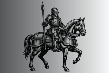 Fototapeta premium knight riding armored horse with spear black and white illustration high quality professional detailed modern elegant stylish