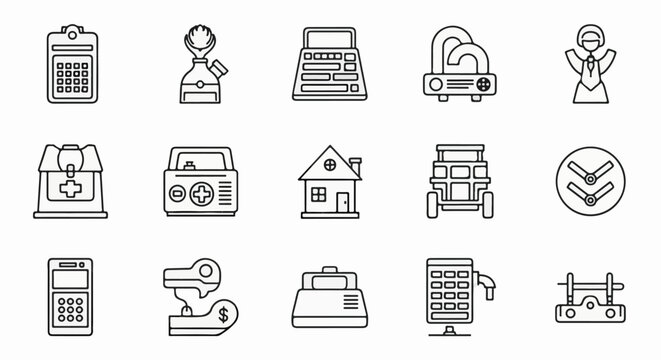 A collection of simple line art icons depicting various objects and symbols