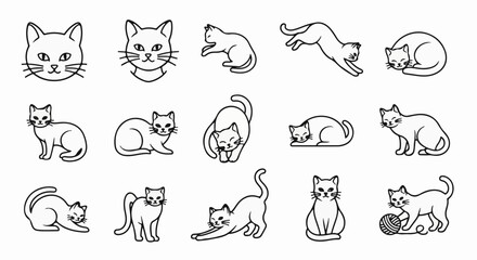 A collection of simple line art illustrations of various feline poses © Hamzah