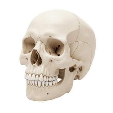 Anatomically accurate human skull in three-quarter view with visible sutures and teeth on a transparent background, clinical educational study atmosphere