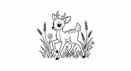 Naklejka premium A cartoon fawn stands in a field with wheat stalks and flowers
