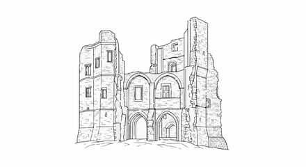 Naklejka premium A detailed line drawing depicts ancient stone ruins with crumbling walls and arched doorways