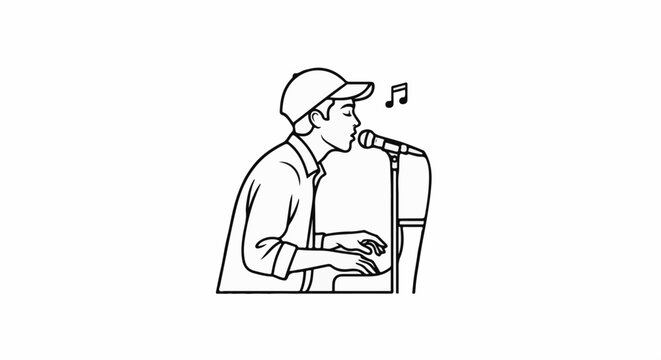 A person wearing a cap sings into a microphone while playing the piano