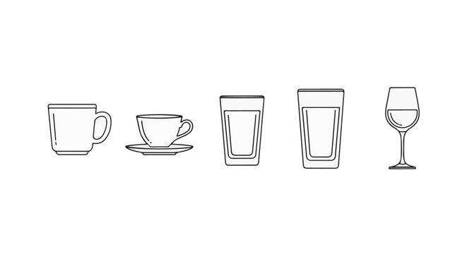 A linear illustration of assorted drinkware including two cups, two glasses, and a wine glass