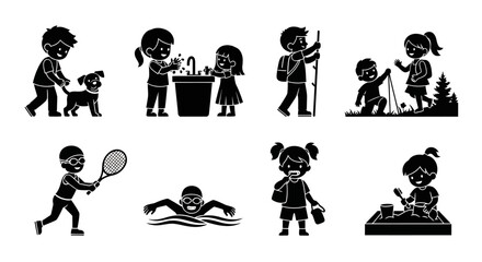 Obraz premium Set of Children Activities Silhouette Icons