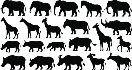 Safari animal silhouettes collection isolated on white background, including elephant giraffe rhino zebra antelope and wildlife vector illustration set © MD MIJANUR