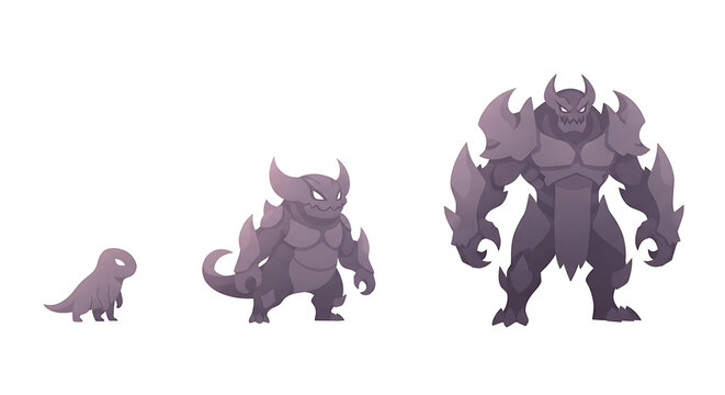 Dynamic illustration showcasing the complete evolutionary transformation of a fantasy monster, from its initial small and simple form through robust growth stages to a powerful, armored mythical beast