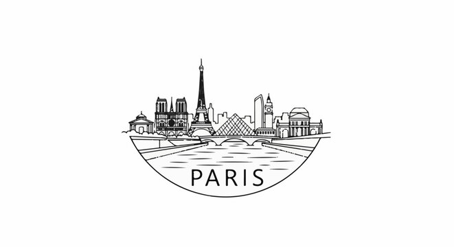A black and white sketch of the Paris skyline with iconic landmarks and a river