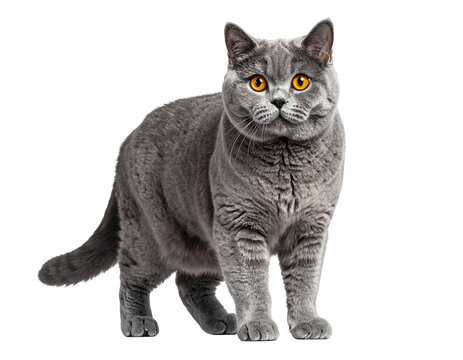 An adorable young grey British Shorthair kitten with bright eyes sits isolated on a white background looking forward as a cute domestic feline pet