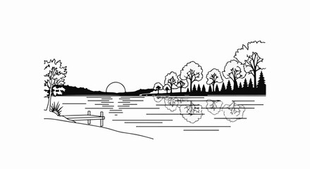 Fototapeta premium A serene lake scene with trees, a pier, and a setting sun reflected in water