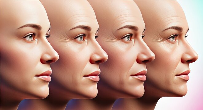 Realistic detailed visual sequence showing gradual skin changes and aging process with subtle transitions in bone structure and fine lines over time, shadows, rendering, perspective