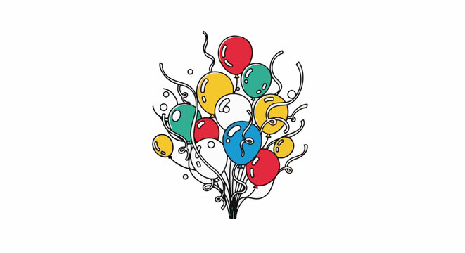 A colorful cluster of balloons tied with ribbons and strings floats upward