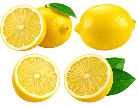Fresh set of ripe yellow lemons and juicy citrus fruit slices with green leaves isolated on a white background for a healthy organic food diet