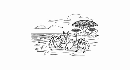 A crab stands on a beach near trees by the water under clouds © Hamzah