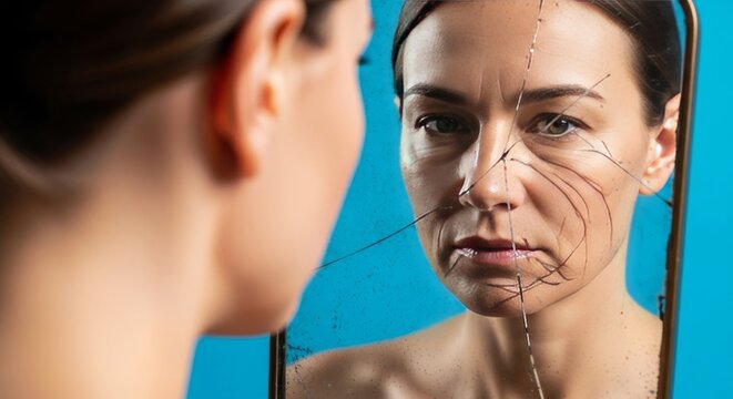 Smooth skin in the foreground contrasts with a deeply lined and withered reflection within an antique glass, evoking a sense of lost time, appearance, eerie, visage