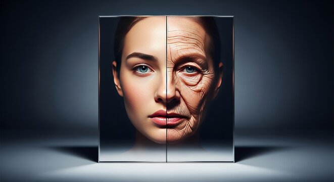 Smooth skin meets its own aged counterpart within a silvered glass, showing deep creases and weathered textures in a moody, dark setting, transformation, unsettling, smooth