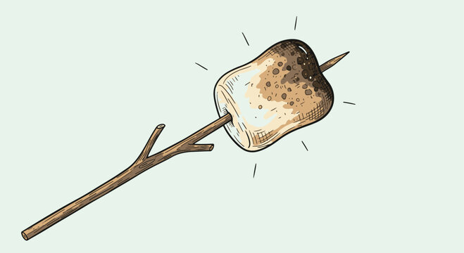 A charming hand-drawn illustration of a perfectly roasted, golden-brown marshmallow on a wooden stick, evoking cozy campfire memories.