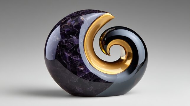 Luxurious abstract spiral sculpture featuring purple amethyst geode crystals and polished gold accents for modern interior design