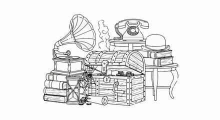 A collection of antique items including a chest, phonograph, telephone, books, and hourglass © Hamzah