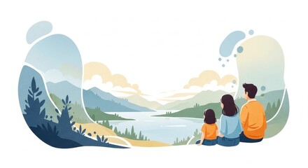 Fototapeta premium Summer Vacation Travel with Family and Friends, Soft Colorful Illustration with Copy Space for Advertising