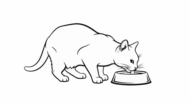 A black and white line drawing shows a cat drinking from a bowl