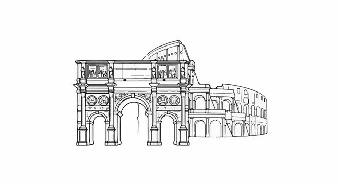 A black and white line drawing of a monumental ancient amphitheater and triumphal arch