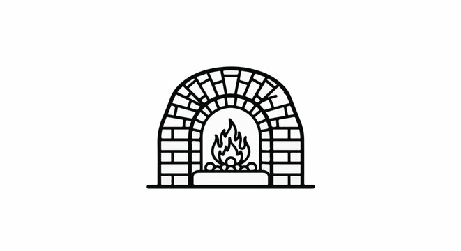 A simple black and white line drawing of a brick fireplace with flames