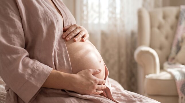Pregnant woman holding belly in cozy home interior close up