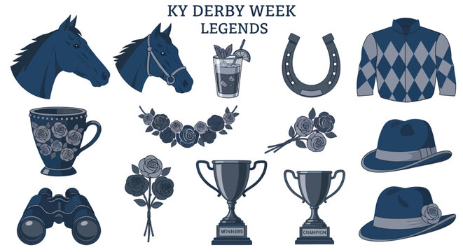 A collection of bluetoned icons illustrating Kentucky Derby symbols including horses roses trophies hats and binoculars