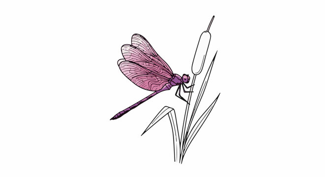 A purple dragonfly rests on a cattail stalk in a drawing