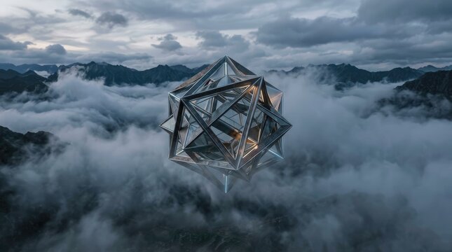 Geometric Structure Floats Above Mountains and Clouds, Mysterious and Cinematic, 3D Render