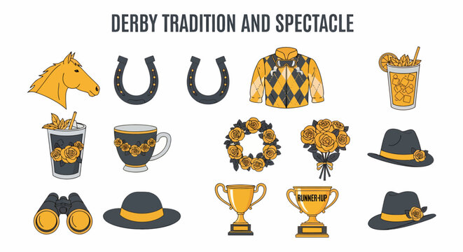A collection of fifteen icons themed around horse racing including horses horseshoes jockey silks mint juleps trophies roses binoculars and hats