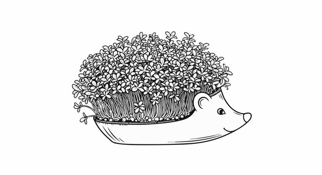 A charming line drawing of a hedgehog filled with lush, green sprouts and plants