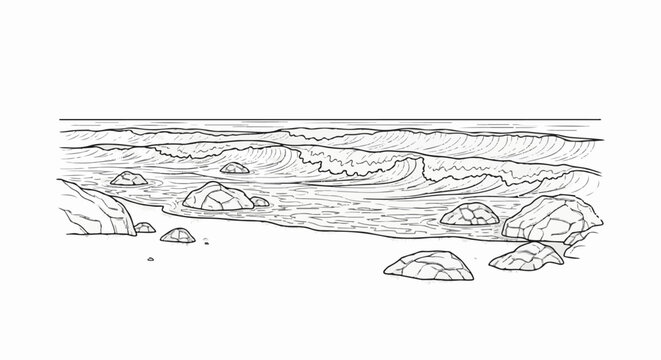 A black and white sketch depicts rolling waves crashing onto a rocky shore