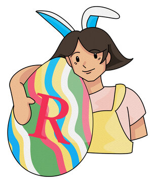 Girl with bunny ears holding a giant Easter egg with letter R in a cute PNG illustration.