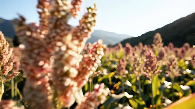 A field of sorghum plants stretches towards a backdrop of rolling hills and a clear blue sky, showcasing a rural agricultural landscape.