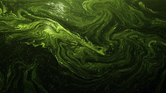 Abstract Swirls of Toxic Algae: Intricate patterns of green algae create a visually arresting display, their fluid forms swirling in a darkened aquatic environment.