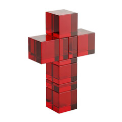 Naklejka premium Modern Red Glass Christian Cross Sculpture Made of Cubes Isolated on White Background