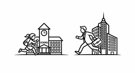 Fototapeta premium A child runs towards a school, while a businessman rushes past city buildings