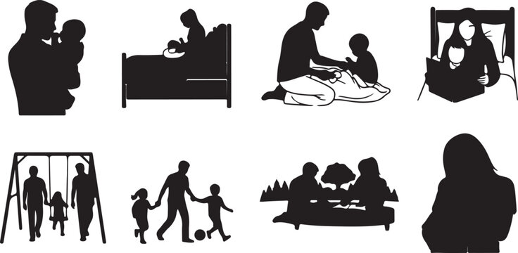 Calm Parents and Mischievous Children Running around Them Vector Set