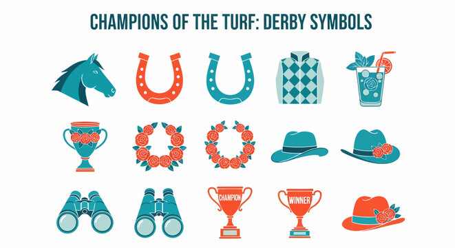 Set of 15 horse racing icons featuring a horse head horseshoes trophies hats binoculars and a mint julep