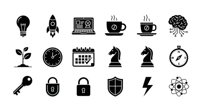A 3x6 grid of black silhouette icons featuring concepts like technology time and strategy