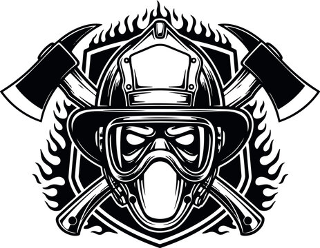 Powerful black and white vector emblem featuring a firefighter in full gear with crossed axes and flames on a shield.