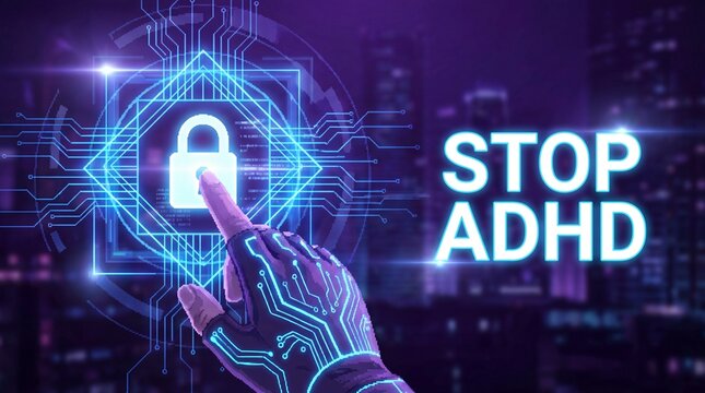 Digital security concept with a hand interacting with a lock icon and stop adhd message